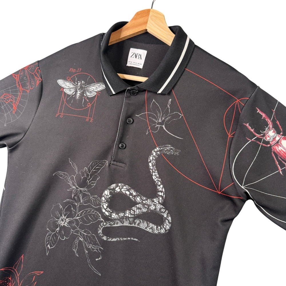 Zara Mens Black Graphic Polo Shirt Snake Beetle Bee Scientific Illustration M